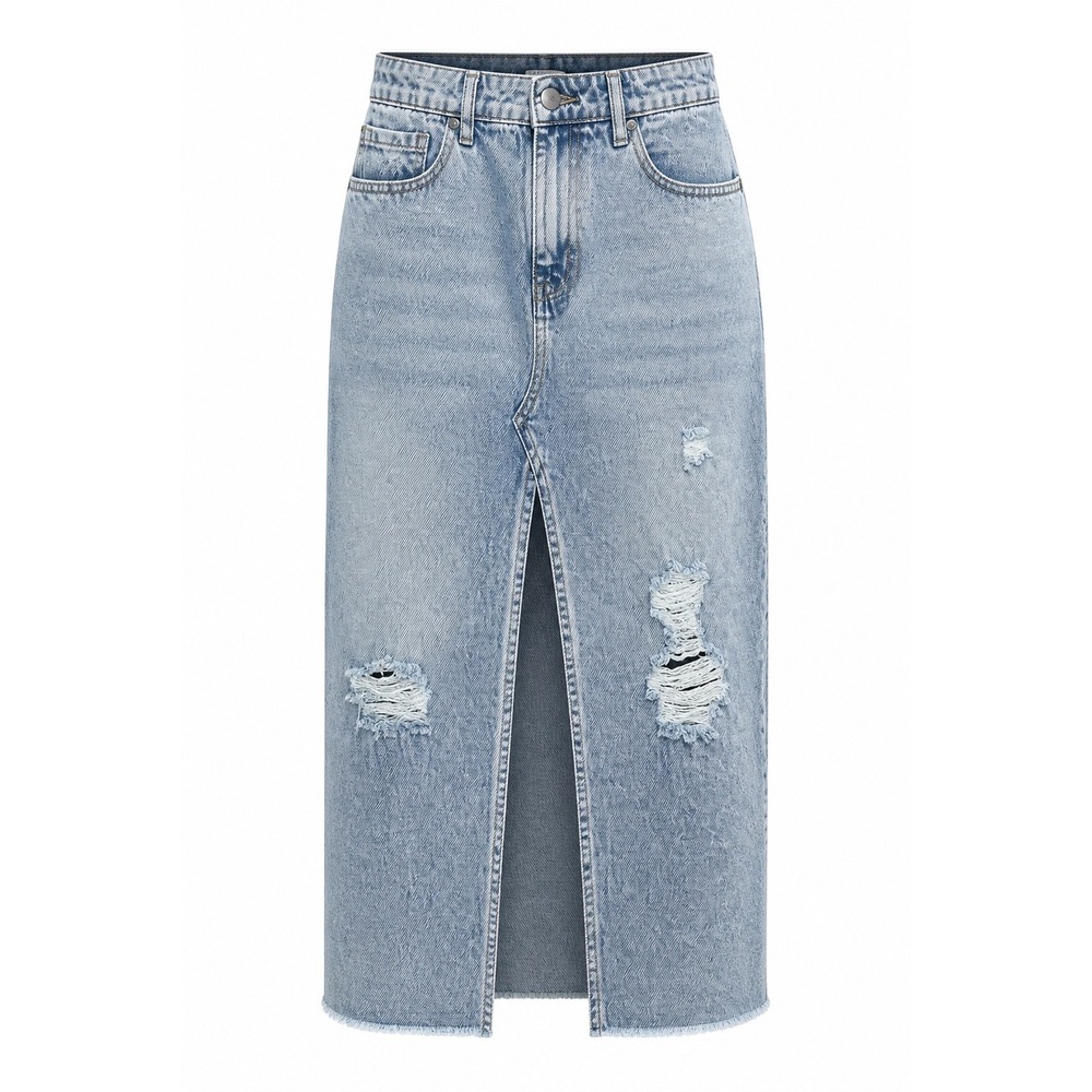 PTCL-Y2K EthicAL Clothing Distressed Light Wash Denim Front Split Maxi Skirt